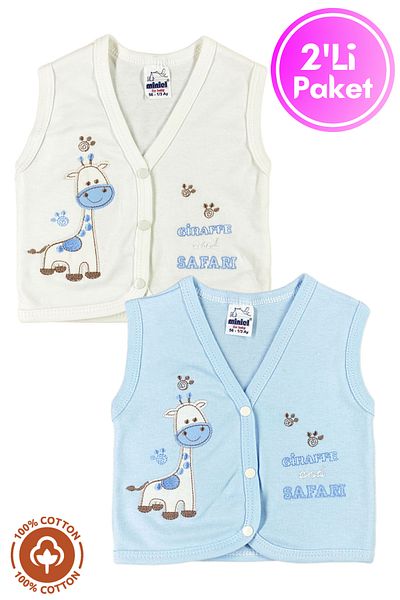 Miniel 3-6-9 Months Unisex Baby Vest - Giraffe Embroidered, Organic Cotton, 2-Piece Combed Cotton