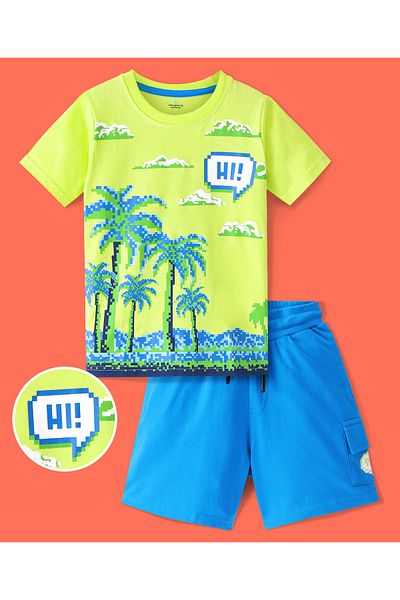 Ollington St. Ollington St. 100% Cotton Knit Half Sleeves T-Shirt & Shorts Set With Beach Theme Print -Lime & Blue