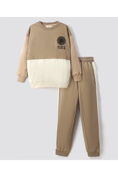 Primo Gino Color Block Oversized Sweatshirt and Jogger Set - Beige