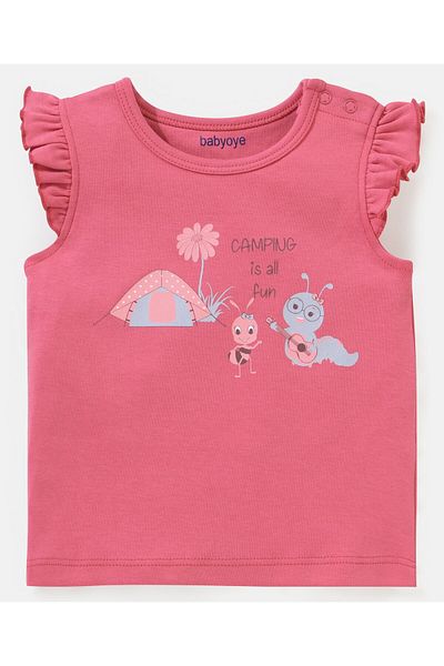 Babyoye Eco-Conscious 100% Cotton Eco-Jiva Finish Cap Sleeve T-Shirt & Short Set Camping Print-Pink