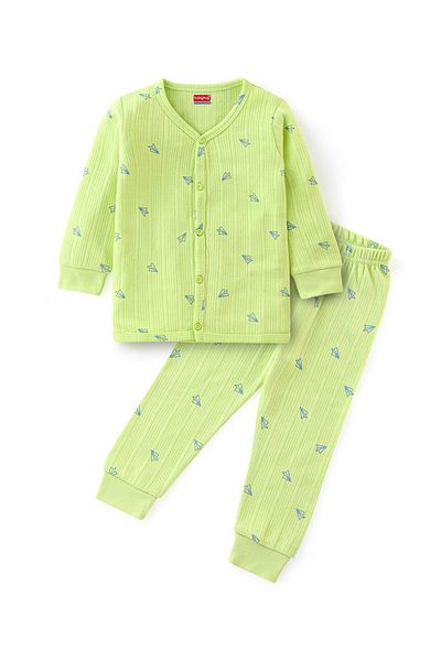 Babyhug Babyhug Thermal Full Sleeves Airplane Printed Vest & Pants Set - Lime Green