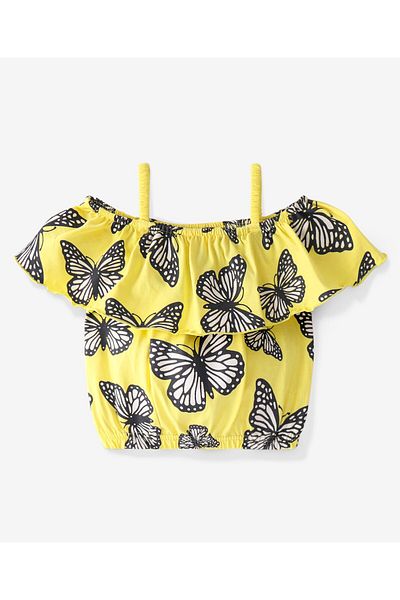 Ollington St. Ollington St. 100% Cotton Knit Off Shoulder Top & Shorts Co/ord Set Butterfly Print - Yellow
