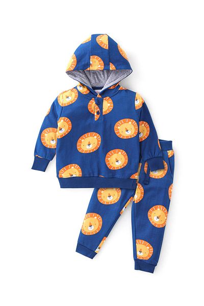 Babyhug Babyhug 100% Cotton Full Sleeves Hooded T-Shirt & Lounge Pants With Lion Print - Navy Blue