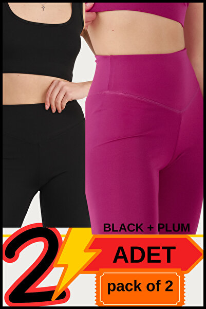 missmaral Kadın Yüksek Bel Toparlayıcı Kısa Siyah &mürdüm Şort Tayt 2'li Paket Lycralı Biker Shorts 21070