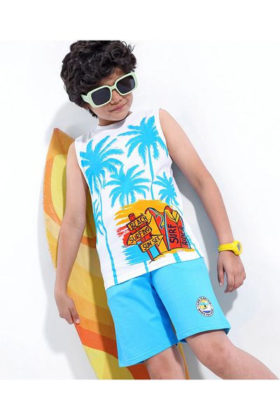 Ollington St. Ollington St. 100% Cotton Knit Sleeveless T-Shirt & Shorts Set with Palm Tree Print ??White & Blue