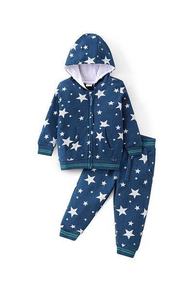 Babyhug Babyhug 100% Cotton Knit Full Sleeves Hooded T-Shirt & Lounge Pant Star Print - Blue