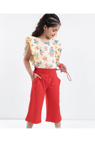 Ollington St. Ollington St. 100 % Cotton Sleeveless Top with Floral All Over Print & Culottes Set - Offwhite & Red