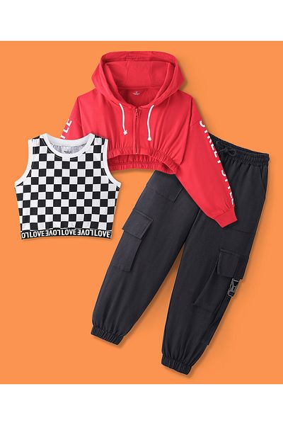 Ollington St. Ollington St. - Cotton Full Sleeves Hoodie With Print & Cargo Joggers With Inner Top - Red & Black