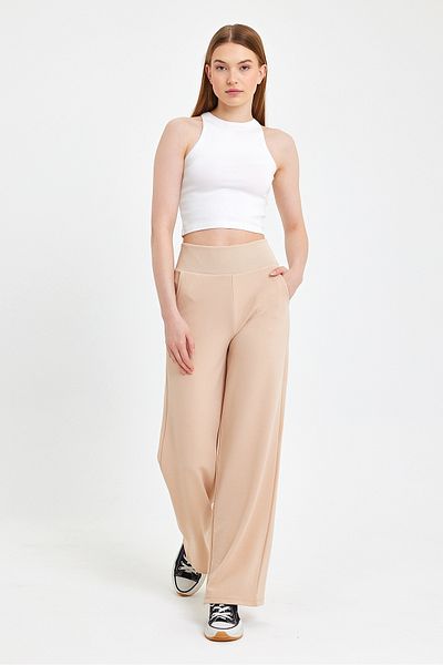 Club Floral Fashıon Beige Corsage Belt Loose Cut Crepe Trousers