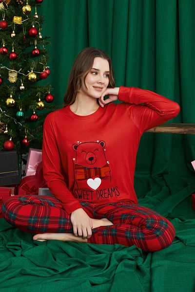 ELİTOL Red Sweet Dreams Bear Christmas Patterned Luxury Thermal Women's Pajamas Set