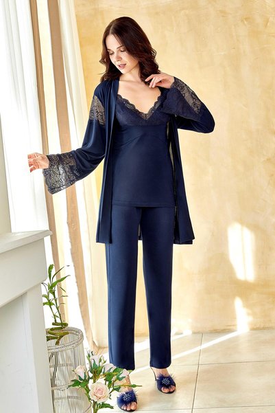 FLZ Women's Classic Viscose Kisakol Pajamas Set - 3-Piece Set with Dressing Gowns and Lace Detail 31-123