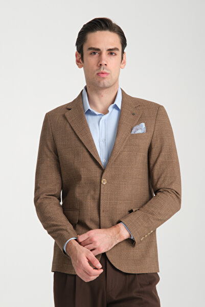 Frappoli Ekose Desenli Spor Erkek Blazer Mono Yaka Yarım Astar Ceket