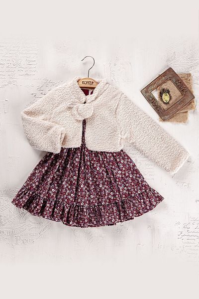 Elayza Floral Patterned Printed Winter Girl's Dress with Bolero