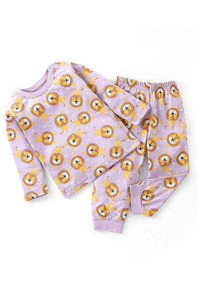 Babyhug Babyhug Cotton Knit Full Sleeves Night Suit With Lion Print - Lavender