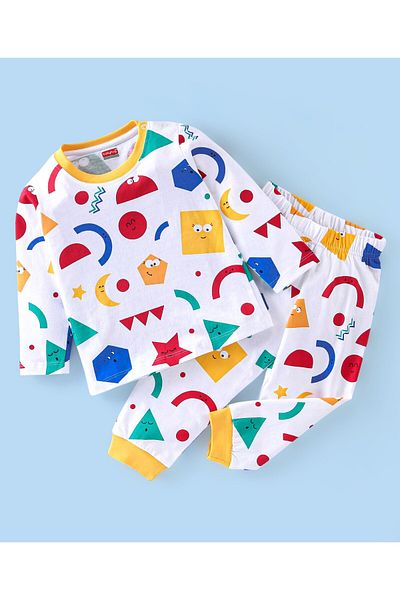 Babyhug طقم نوم بيبي هاج من القطن بأكمام طويلة وطبعة أشكال - أبيض
