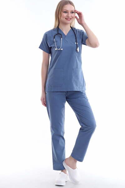 Esen Forma Kadın Doktor ve Hemşire Forması - V Yaka, İndigo, Terikoton Kumaş