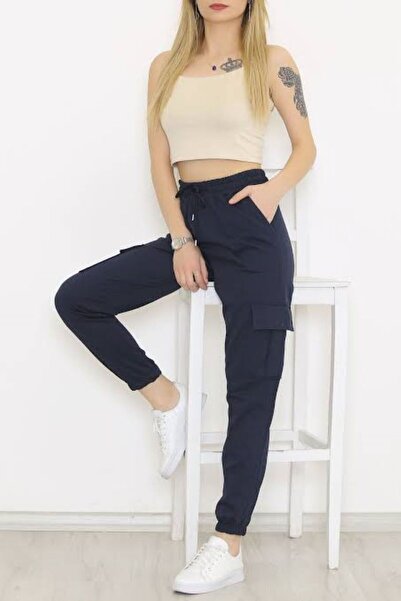 FİTGO Γυναικείο εποχιακό παντελόνι με τσέπη Navy Blue Cargo