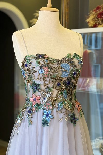 Lenta Moda Grey Color Embroidered Lace Covering See-Through Evening Dress and Evening Gown