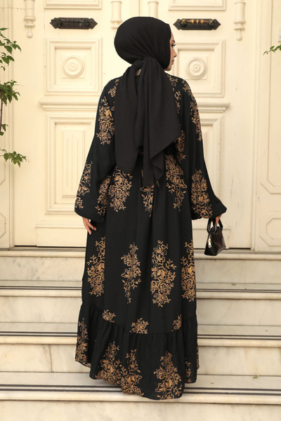 Neva Style Black Patterned Hijab Dress - 19481S