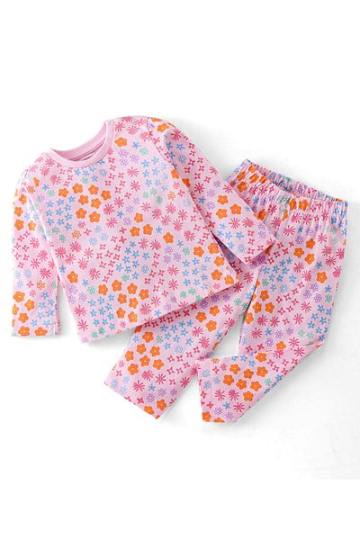Babyhug Babyhug Cotton Knit Full Sleeves Night Suit With Star Print - Pink