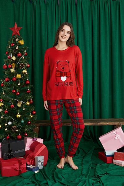 ELİTOL Red Sweet Dreams Bear Christmas Patterned Luxury Thermal Women's Pajamas Set
