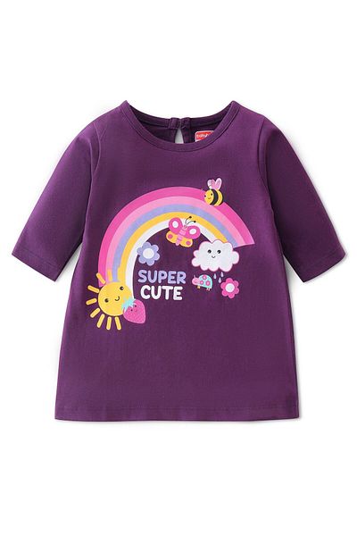 Babyhug Babyhug Cotton Knit Three Fourth Sleeves Baby Gown With Rainbow & Butterfly Print - Purple