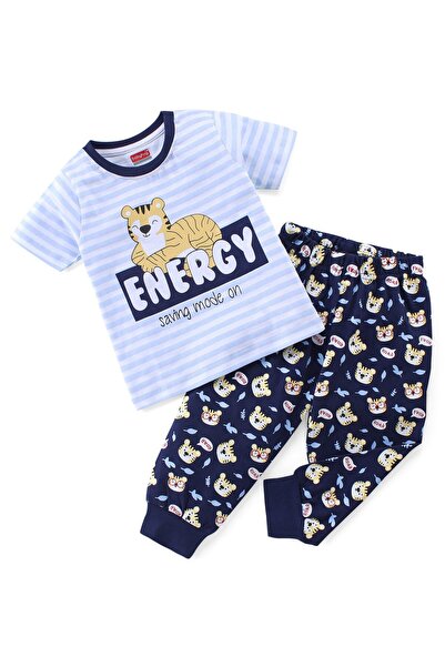 Babyhug Babyhug Single Jersey Knit Half Sleeves Night Suit Tiger Printed - Grey & Navy Blue