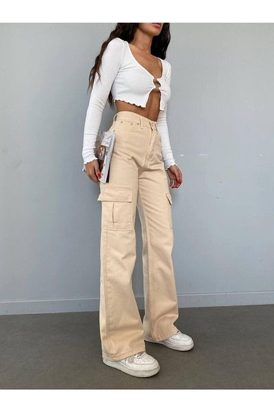 LAMİRA Axel 90's Lycra Casual Woman Beige Colorfast Cargo Palazzo Without Back Pocket