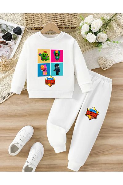 AEMİ Children's Brawl Stars Printed 100% Cotton Bottom-Top Tracksuit Set