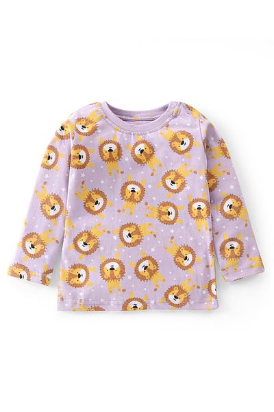 Babyhug Babyhug Cotton Knit Full Sleeves Night Suit With Lion Print - Lavender