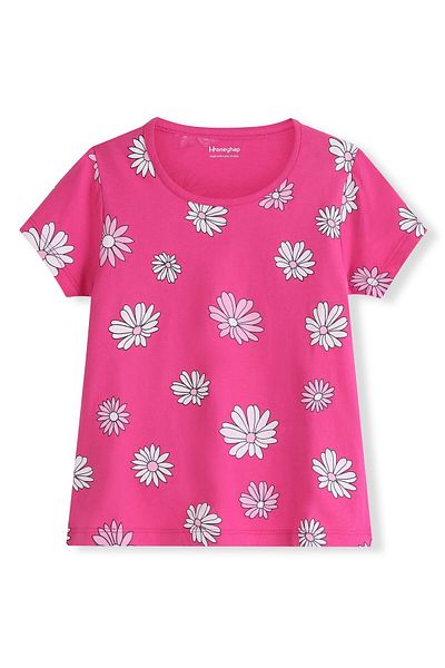 Honeyhap Honeyhap Premium 100% Cotton Single Jersey Half Sleeve Night Suit Floral Print-Carmine Rose Pink