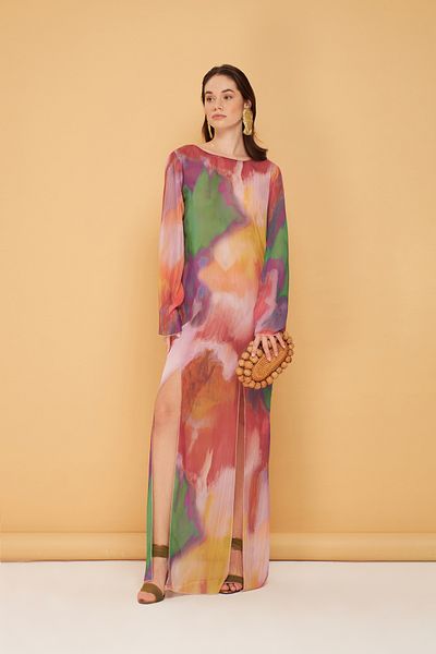 Eda Taşpınar Purple Patterned Backless Slit Dress Teks-00068