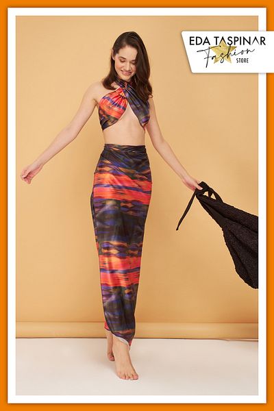 Eda Taşpınar Teks-00065 Halter Collar Top Pareo Set