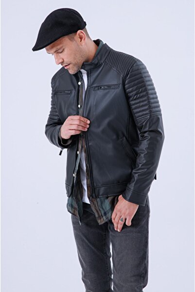 Gavazzi Men's Black Leather Water and Windproof Woolen Leather Coat/Jacket