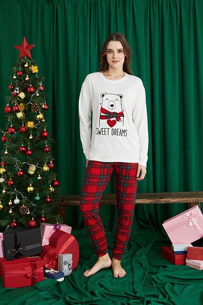 ELİTOL Ecru Sweet Dreams Bear Christmas Patterned Luxury Thermal Women's Pajamas Set