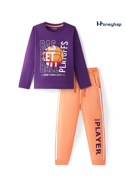 Honeyhap Honeyhap Premium 100% Cotton Full Sleeve Night Suit With Bio Finish Basketball Print-Purple & Orange