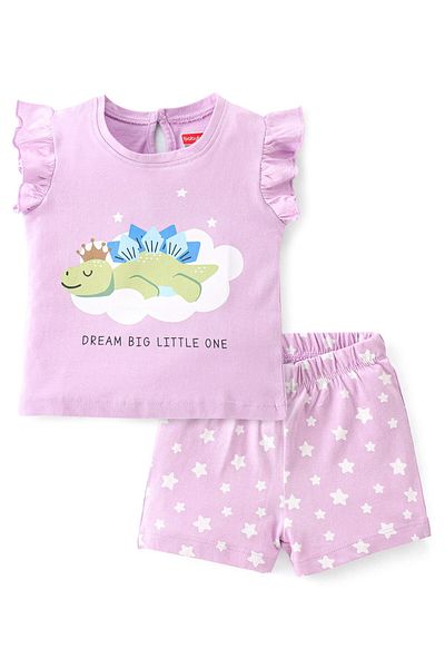 Babyhug Babyhug Single Jersey Knit Half Sleeves Night Suit Dino Printed - Lavender