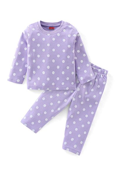Babyhug Babyhug Cotton Knit Full Sleeves Night Suit With Polka Dot Print - Purple