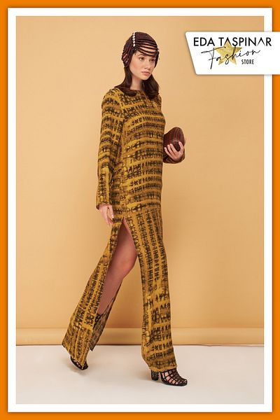 Eda Taşpınar Brown Patterned Backless Slit Dress Teks-00068