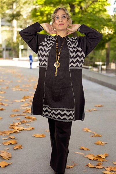 yagmurberen Zik Zak Patterned Accessory Detail Mini Slip Long Sweater 100% Acrylic Large Size Bottom Top Suit