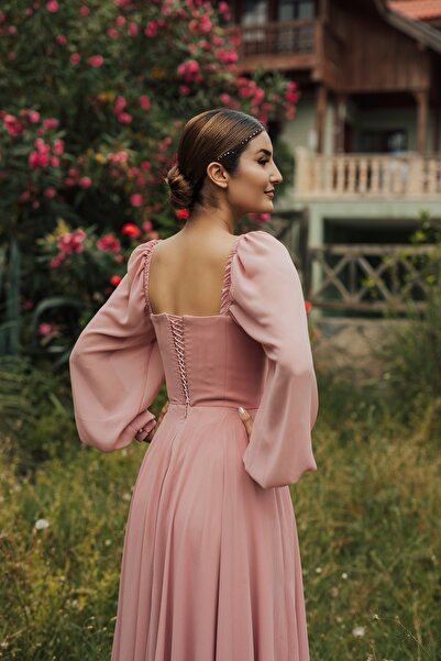 berissima bride Ares Şifon Kare Yaka Pudra Abiye Elbise