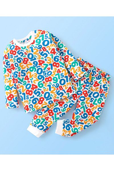 Babyhug بدلة نوم بيبي هاج قطنية بأكمام طويلة مطبوعة بأرقام - أبيض