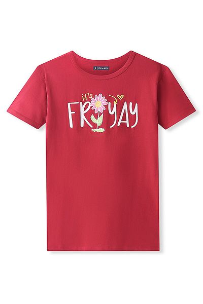 Pine kids قميص نوم باين كيدز محبوك من القطن بنسبة 100% بأكمام نصفية وطبعة زهور - أحمر