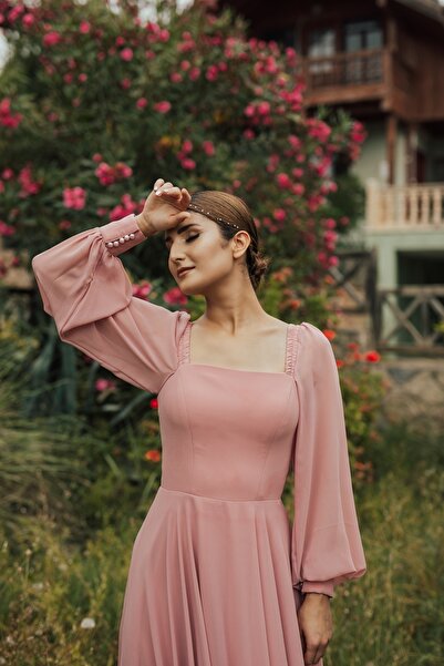 berissima bride Ares Şifon Kare Yaka Pudra Abiye Elbise