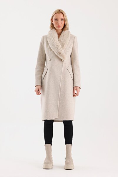 Zühre Fur Collar Pocket Detailed Stamped Beige Coat 13092