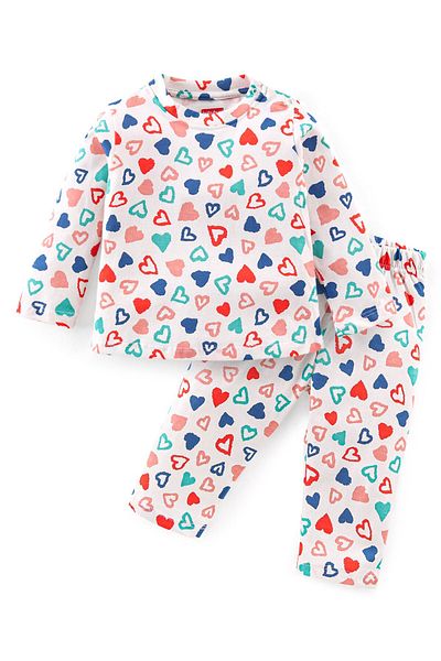Babyhug بدلة نوم بيبي هاج محبوكة من القطن بأكمام طويلة وطبعة قلب - بيضاء