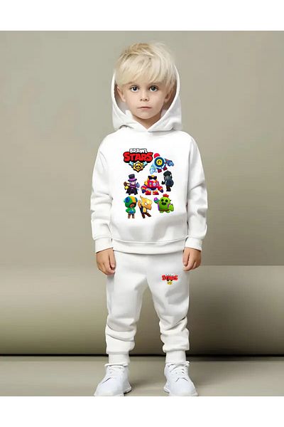 AEMİ Children's Brawl Stars Printed 100% Cotton Hooded Bottom-Top Tracksuit Set