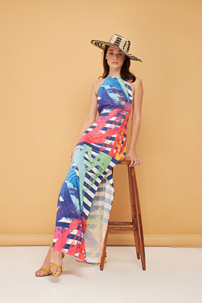 Eda Taşpınar Boyundan Bağlamalı Sırt Dekolteli Sdesenli Elbise Teks-00067