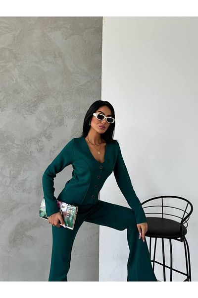 Lusin Stylish Stripe Women's Knitwear Set - Vest, Cardigan, and Palazzo Pants - Nefti Green