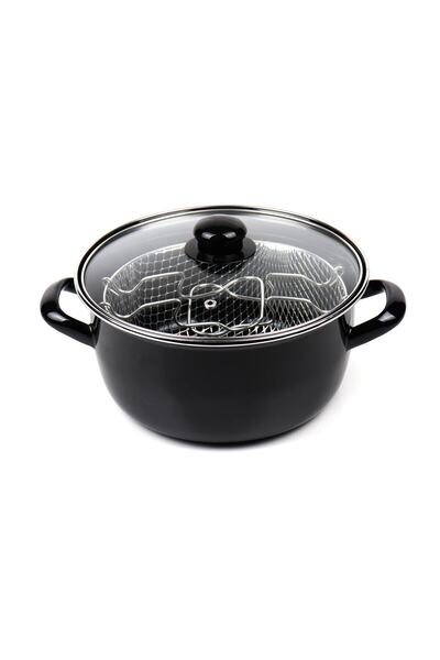 VERDA Black Enamel 24 cm Deep Sausage Potato Pumpkin Eggplant Frying Fryer Pot with Glass Lid